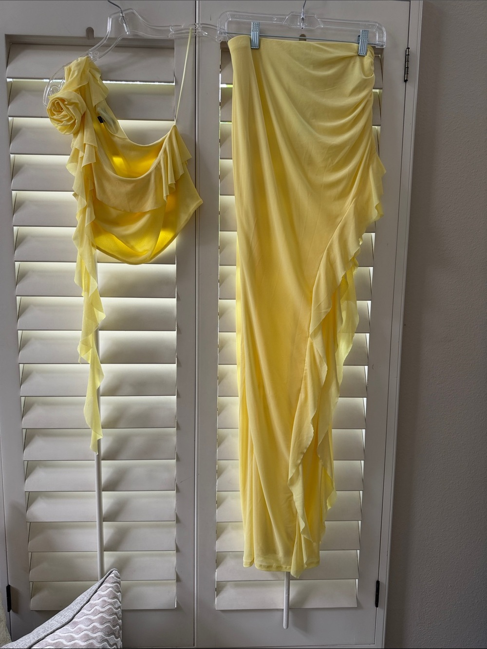 AFRM Pale Yellow Ruffle-Rose Draped Crop Top